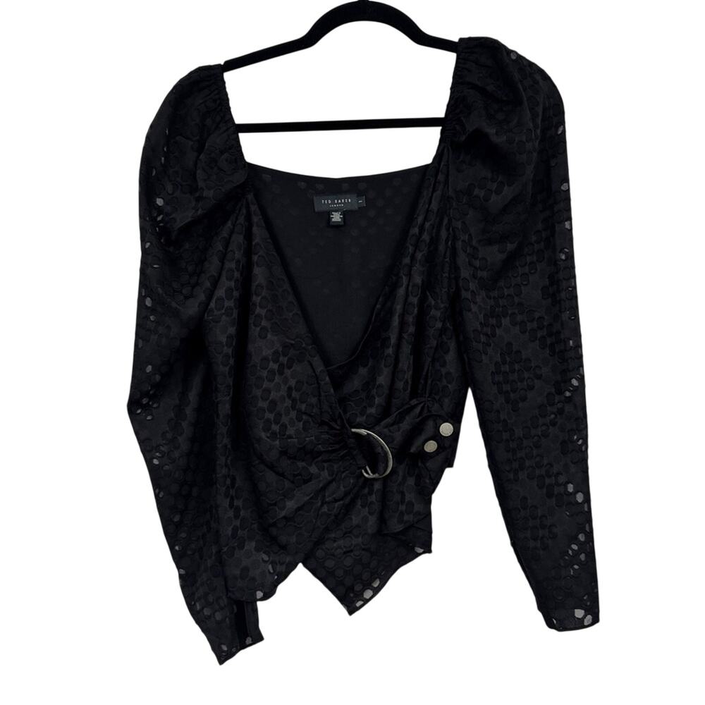 Ted Baker Black Lazare D Ring Wrap Top Blouse Womens XS Puff Shoulder Coquette